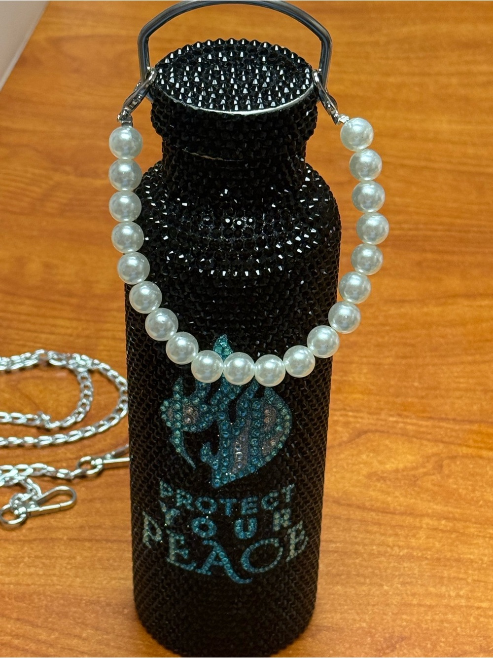 PROTECT YOUR PEACE Black Jeweled Water Bottle FAUX Pearl Handle/Crossbody chain